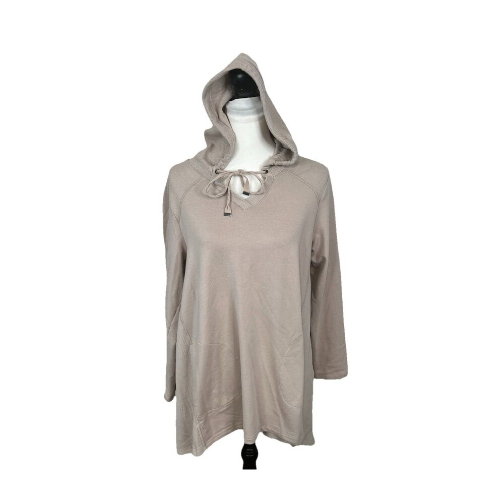 LOGO Lori Goldstein Knit Shirt Beige Size M Hoodie Hi Low Hem Waffle Lagenlook